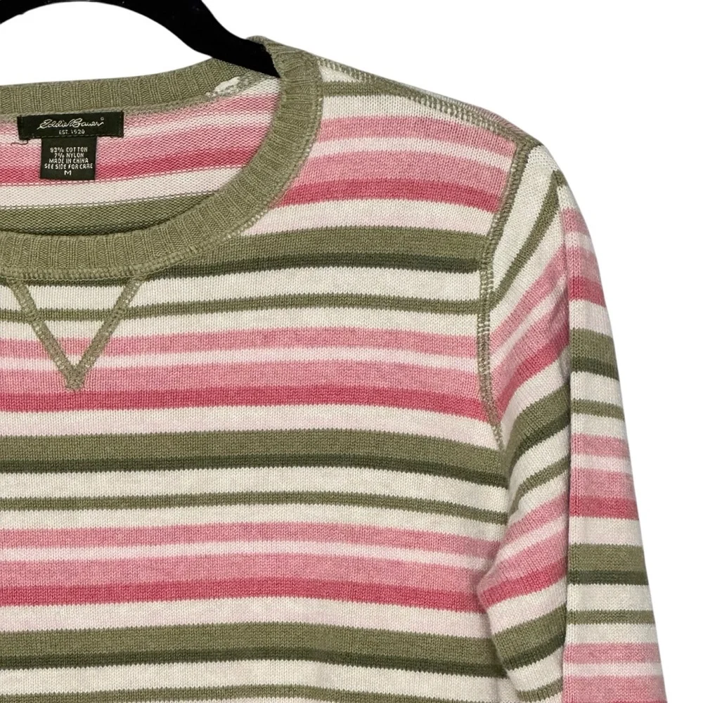 Eddie Bauer Size Medium Pink/Green/White Striped Cotton/Nylon Crew Neck Sweater